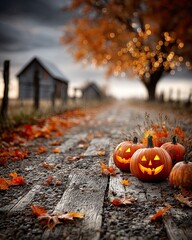 Halloween and autumn holiday banner background with bats, pumpkins and Jack-o'-lanterns