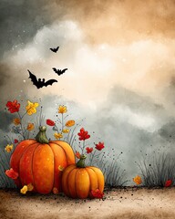 Halloween and autumn holiday banner background with bats, pumpkins and Jack-o'-lanterns
