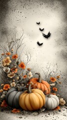 Halloween and autumn holiday banner background with bats, pumpkins and Jack-o'-lanterns