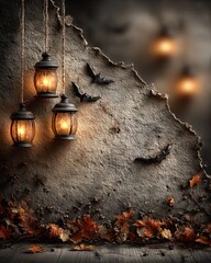 Halloween and autumn holiday banner background with bats, pumpkins and Jack-o'-lanterns