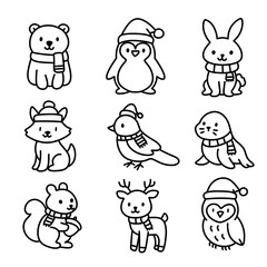 minimal christmas animal line art set