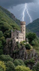 Naklejka premium Haunted Castle on Cliffside Surrounded by Lush Greenery with Lightning in Dramatic Stormy Sky