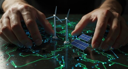 Man's hand on a circuit board with solar panels and wind turbines. Connecting smart city infrastructure with renewable energy.