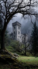 Abandoned Vampire Castle Surrounded by Mist and Trees in a Dark Forest Setting