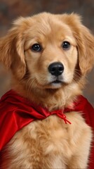 Adorable Golden Retriever Puppy Dressed in a Red Cape with a Serious Expression Against a Blurred Background
