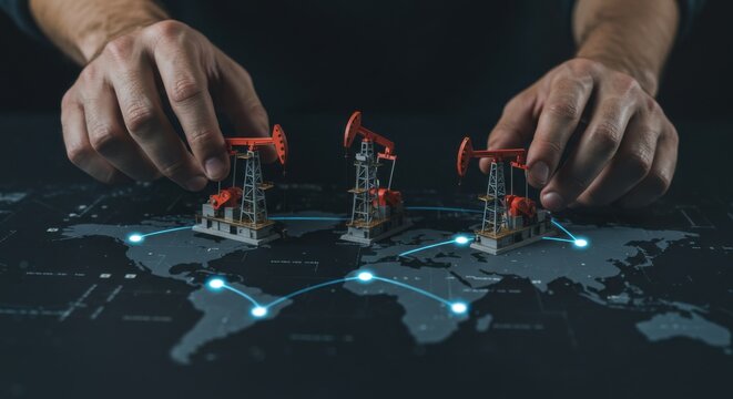 Man placing miniature oil pump jacks on world map. Global energy supply and demand, fossil fuel investment and trade concept.
