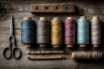 Vintage sewing tools and colorful thread spools arranged on a rustic wooden tabletop for tailoring projects