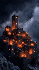 Fototapeta premium Dark Medieval Castle Illuminated by Glowing Orange Lights Under a Cloudy Night Sky