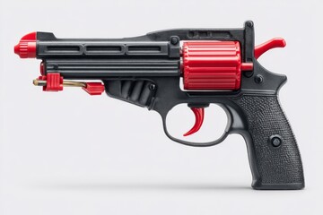 Classic plastic toy revolver with black body and red accents on white background