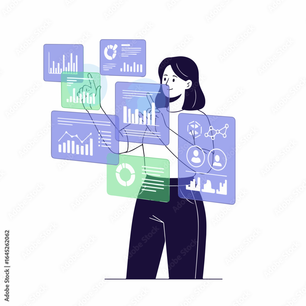Poster woman analyzing interactive data displays, visualizing business growth and insights on futuristic in