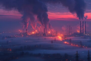 Industrial chimneys emit large plumes of smoke into a vibrant red and purple sky over a foggy urban landscape at dusk