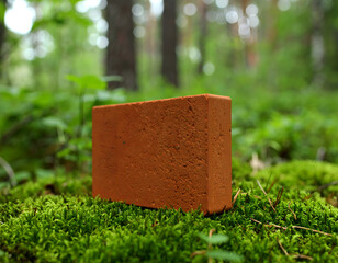 Brown brick placed on green moss in a forest with sunlight bokeh in the background. Generative AI