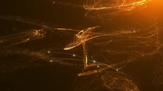  Lignes courbes futuristes dor&eacute;es entourant un espace central pour encadrer un titre, avec particules lumineuses et &eacute;clats scintillants sur fond sombre