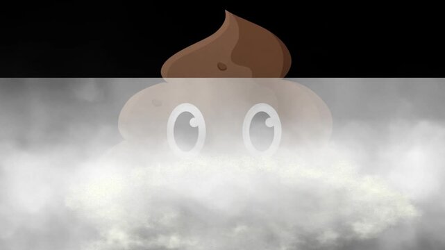 Caca kawaii marron avec visage souriant et joues roses apparaissant apr&egrave;s dissipation de la brume, style dessin anim&eacute; humoristique sur fond noir