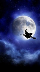 Silhouette of a Witch Flying on a Broomstick Against a Luminous Full Moon in a Starry Night Sky
