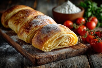 Four golden-brown baked pastries dusted with sugar on a rustic wooden board with fresh ingredients
