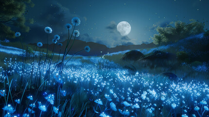 A moonlit meadow filled with bioluminescent flowers