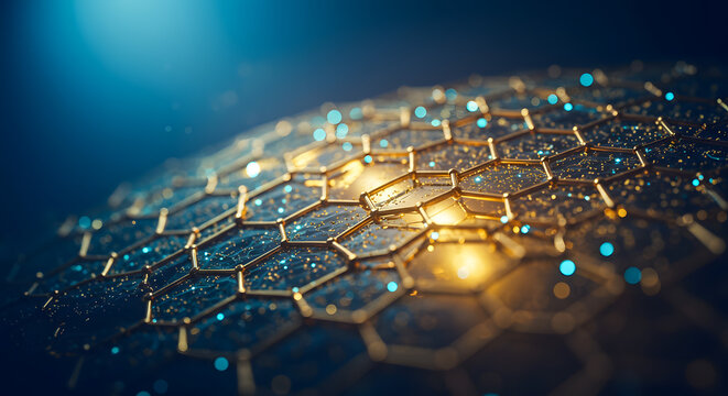 Abstract Golden Honeycomb Structure on Dark Blue Background. Sci-fi Grid with Glowing Particles. Nanotechnology, Connectivity, and Futuristic Design.