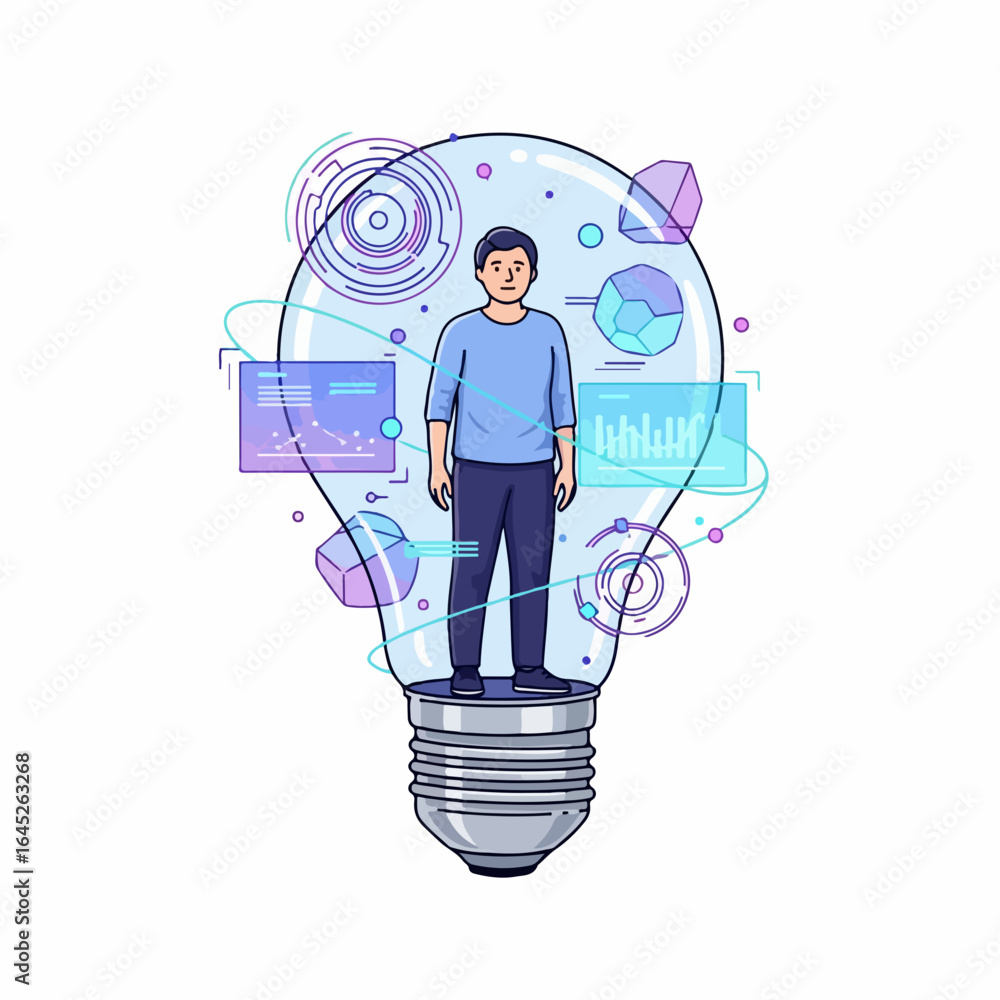 Poster man inside glowing lightbulb surrounded by futuristic data visualizations representing innovation an