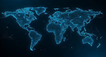 Glowing blue World Map Digital Network Visualization