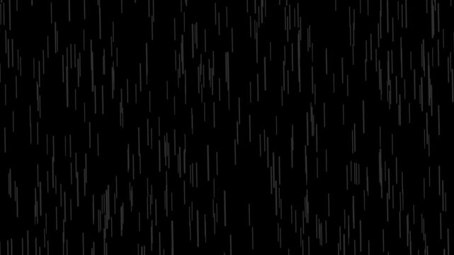 Rain Animation on Black Background Overlay Alpha Channel, rain on black background with wind. Falling raindrops footage animation in realtime on black background, black and white luminance matte. 