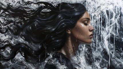 A portrait of a woman where her hair turns into a cascading waterfall