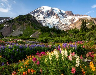 Obraz premium Vibrant Wildflowers Flourish in the Foothills of a Majestic Snow-Capped Mountain Landscape