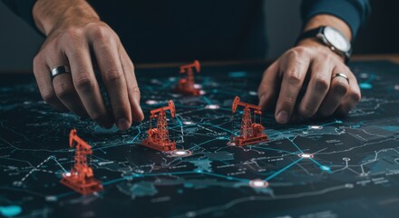 Man's hands hover above a world map with oil pumpjack models. Global energy industry, crude oil production and logistics concept.