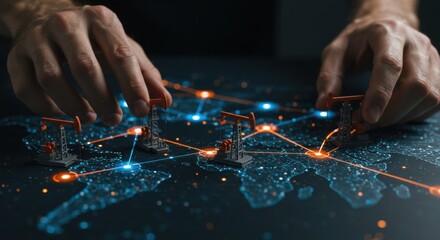 Man's hands manipulate miniature oil pump jacks on a glowing world map, representing global energy supply chain and digital network.
