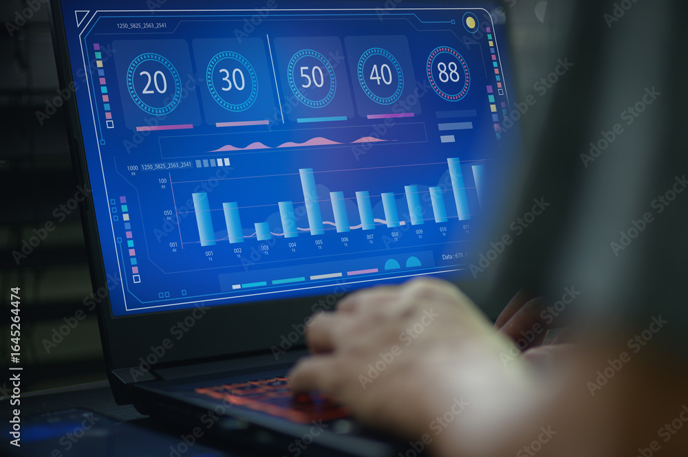Poster modern data visualization on laptop display for remote work environment