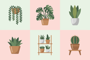 Minimal plant icon collection, line art pot silhouettes, modern flat vector, branding and logo friendly, stationery and print ready design