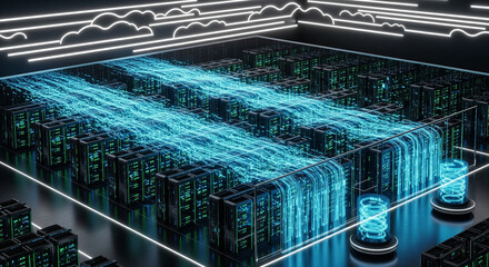 An isometric view of a massive futuristic data center with rows of glowing server racks, transparent walls, and visible holographic data streams moving between them.