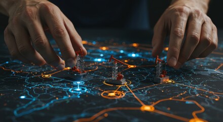 Man touching miniature oil derricks on a digital map, highlighting energy grid and infrastructure. Global logistics and industry concept.