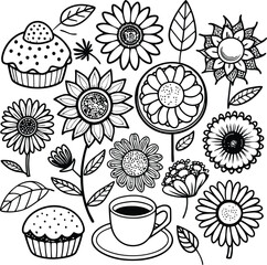 Floral Line Art: Flowers, Cupcakes, Coffee Cup - Black and White Botanical Illustration Design