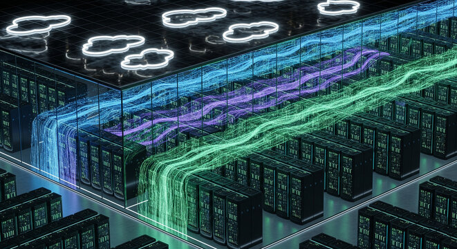An isometric view of a massive futuristic data center with rows of glowing server racks, transparent walls, and visible holographic data streams moving between them.