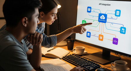 A close-up of two developers collaborating over a large monitor displaying a colorful API integration flow diagram.