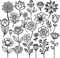 Black and White Flower Line Art Collection: Floral Vector Illustration Set for Design Projects