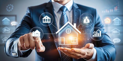 Businessman presenting virtual house icons and financial data graphics  