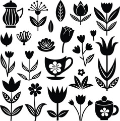 Black and White Floral Vector Art: Scandinavian Folk Art Flowers, Tea Pot, Tea Cup Illustration