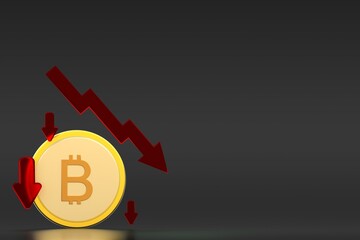 Golden Bitcoin coin with red arrows pointing downward and a falling chart, symbolizing cryptocurrency decline and bearish market conditions. Perfect for finance, crypto, and market analysis themes.