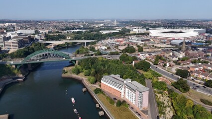 Drone aerial view sunderland north east england tyne and wear wearside river monkwearmouth bridge british uk city