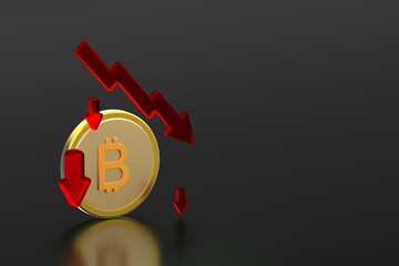 Golden Bitcoin coin with red downward arrows and a falling chart on a dark background, representing cryptocurrency price drop and bearish market sentiment. Ideal for finance and trading themes.