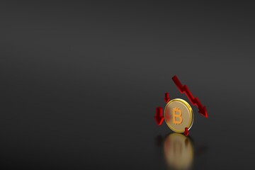 Golden Bitcoin coin with red arrows and a falling chart on a dark background, representing cryptocurrency decline, bearish trend, and market loss in digital finance.
