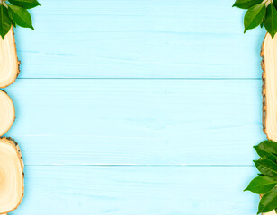Blue wooden planks framed with green leaves on the sides. Generative AI
