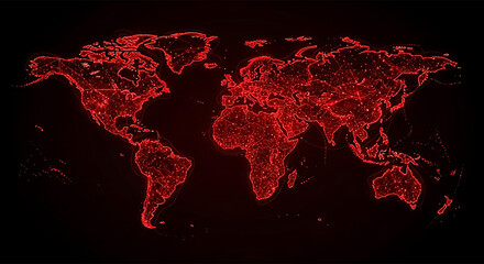 Glowing red world map digital alert visualization with global warning signals, network lines, and cybersecurity threat indicators
