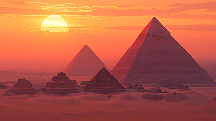 Silhouette of the Great Pyramids against a vibrant sunset sky.