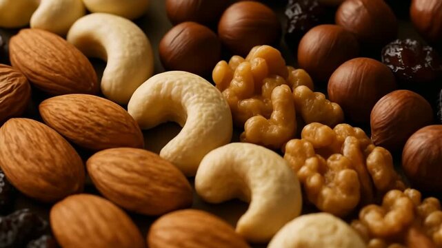 Assorted mixed nuts including cashews, almonds, hazelnuts, and walnuts arranged in rows. Close-up macro shot showing textures and natural colors. Healthy snack concept with high-protein, organic