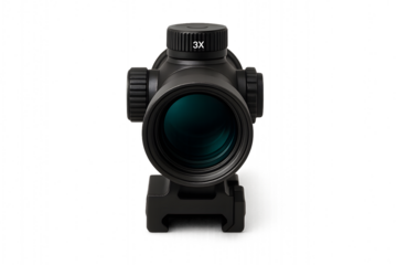 Front View Studio Shot of High-Tech 3x Rifle Scope with Anti-Reflective Lenses PNG