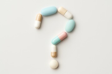 Colorful pills arranged in the shape of a question mark on a white background. Concept of health, medication, and pharmacy