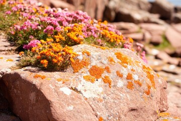 Pink and orange wildflowers bloom on reddish rocks